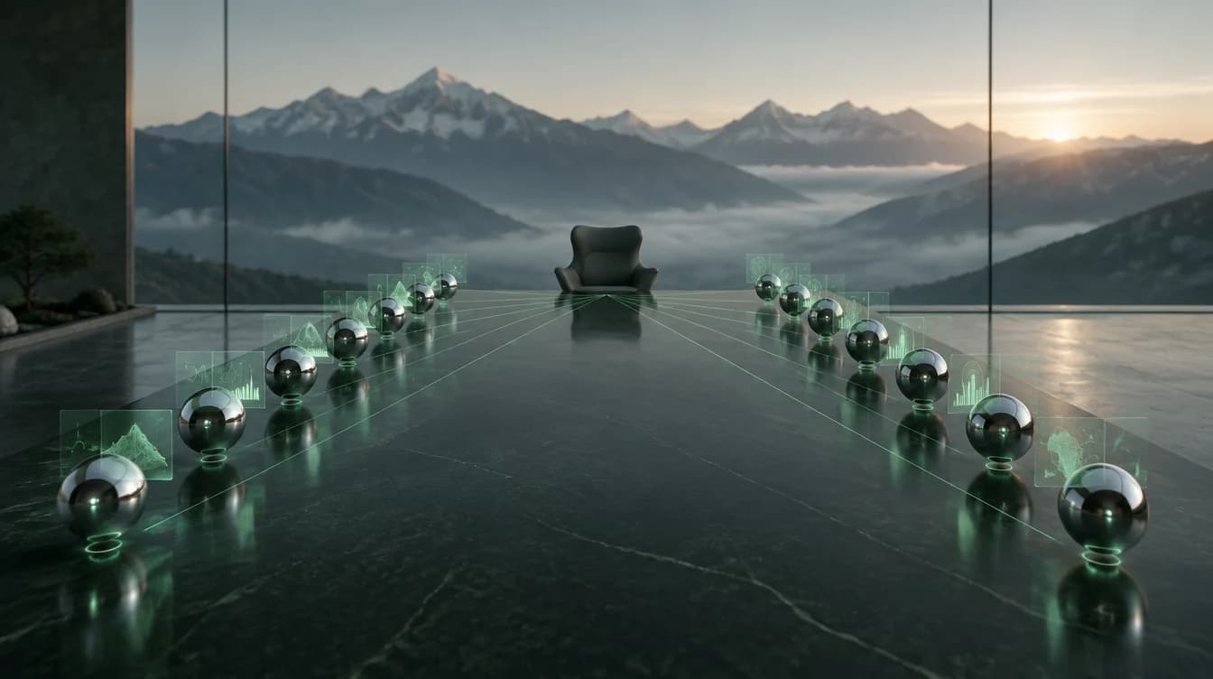 Mesa de directorio de piedra oscura frente a los Andes al amanecer, con esferas cromadas que proyectan interfaces verdes hacia una silla vacía a la cabecera.