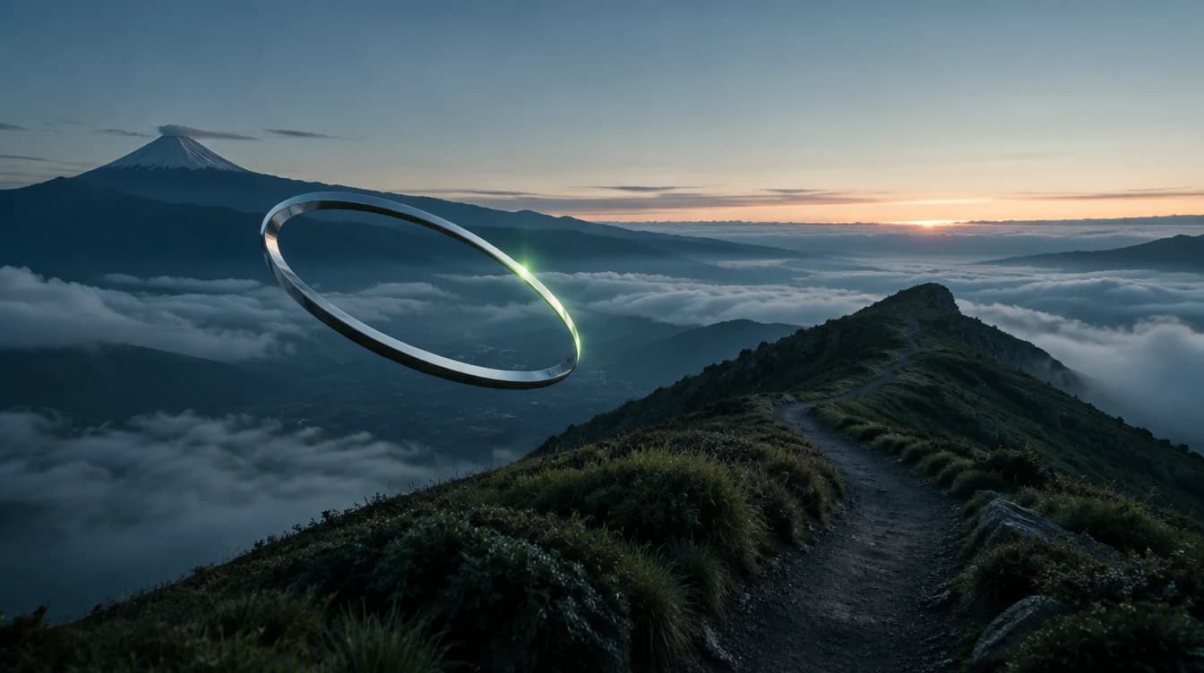 Un sendero sobre una cresta de los Andes antes del amanecer, con neblina en los valles y un anillo cromado que recibe la primera luz.