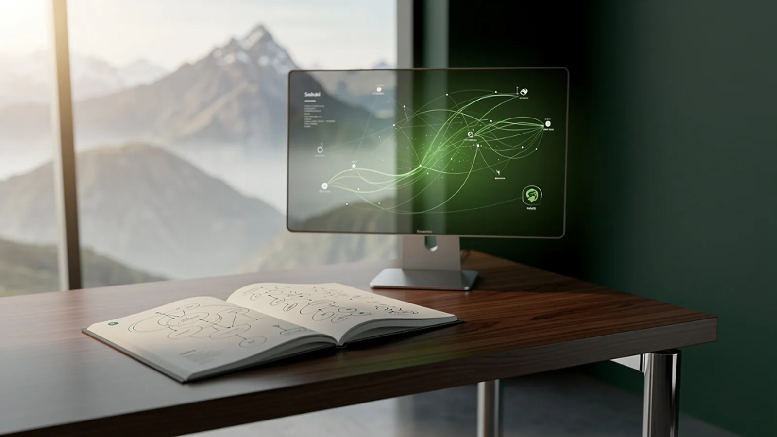 Un escritorio de madera oscura con un solo cuaderno de cuero y monitores que muestran diagramas de flujo de agentes interconectados en un espacio sobrio con luz natural matutina.