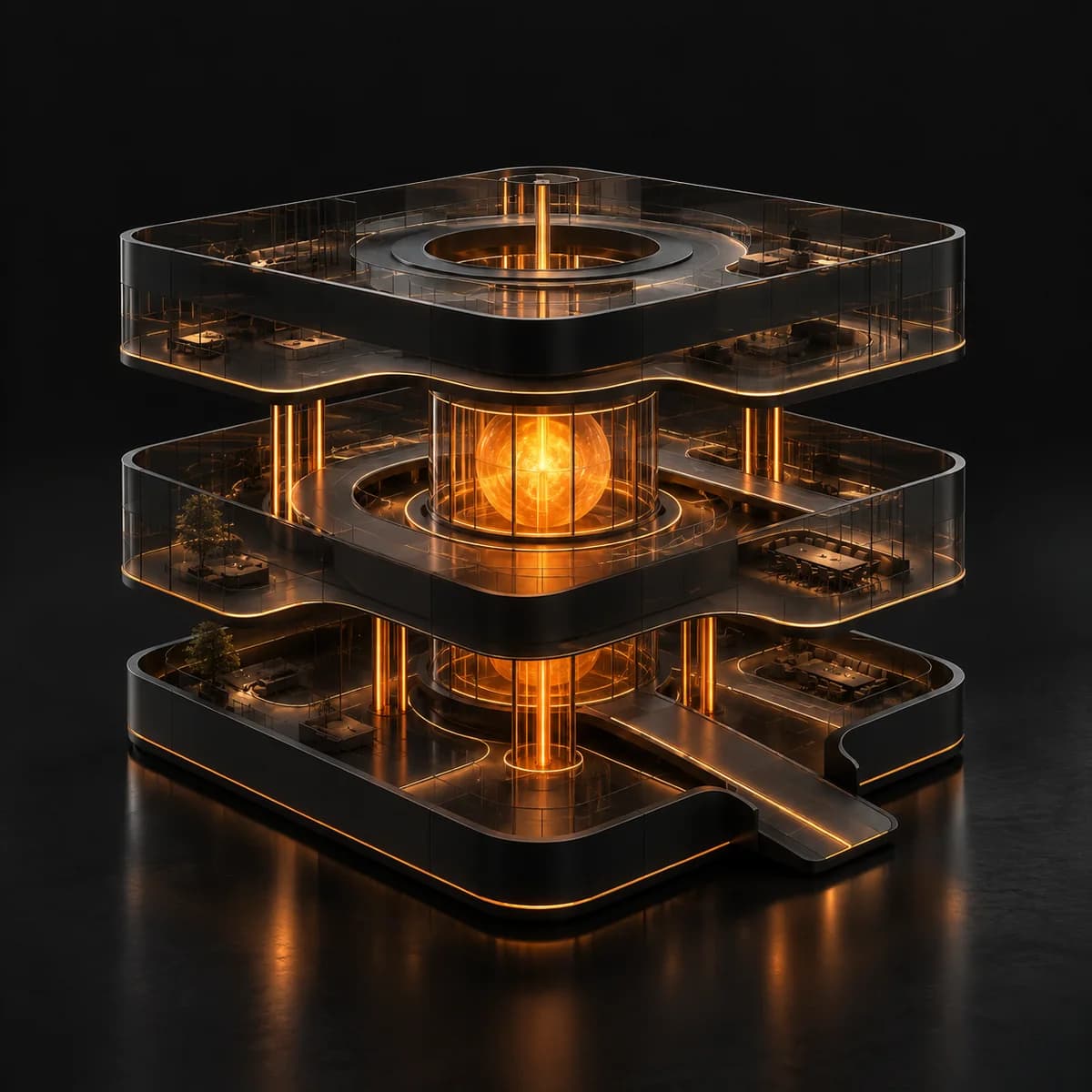 Ilustración conceptual de una compañía modular con sus capas conectadas a un núcleo naranja de inteligencia.