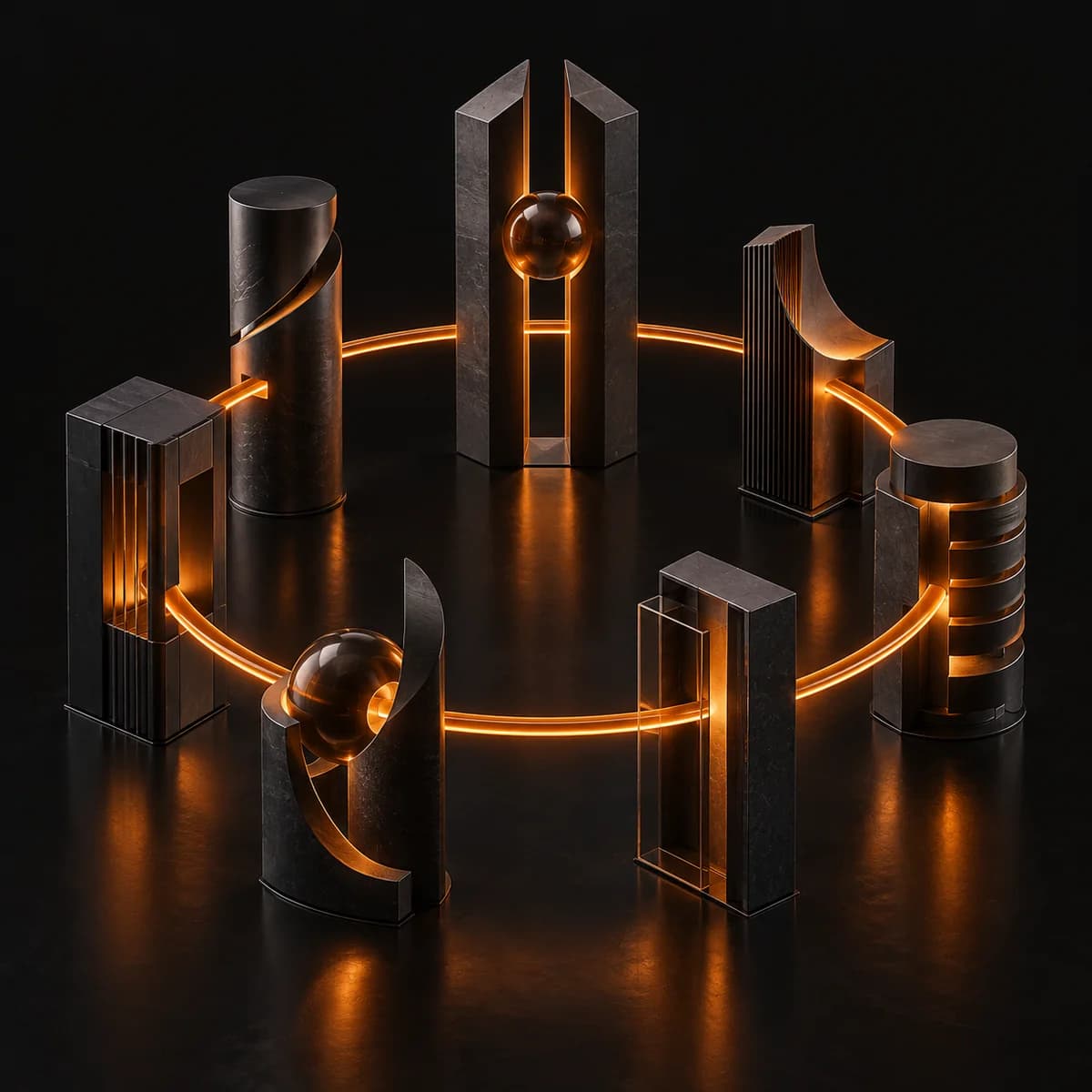 Ilustración conceptual de estructuras distintas unidas por un anillo naranja, representando una visión compartida.